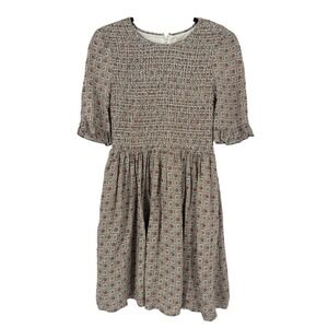 Gal Meets Glam Piper Smocked‎ Dress 4 Floral Print Ruffle Sleeve Casual Brown